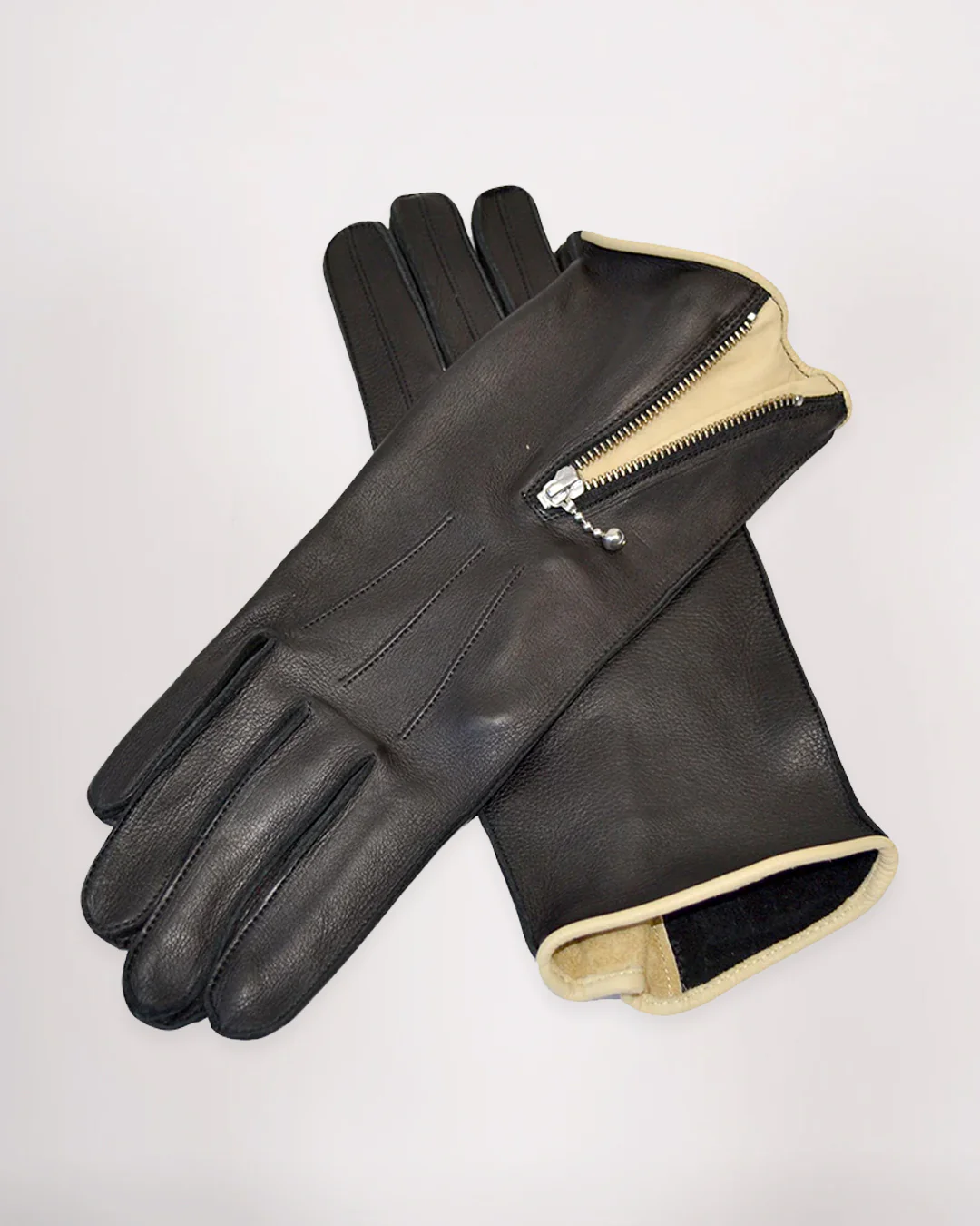 Zipped Unlined Cafe Racer Gloves with Tan Trim - Image 2